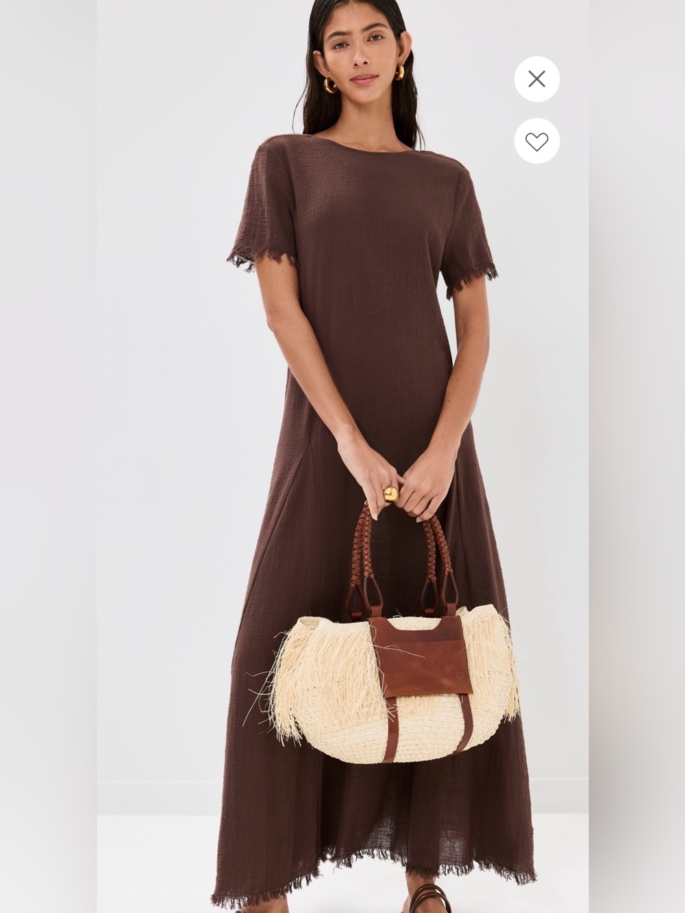 STAUD Brown Short-Sleeve Maxi Dress with Frayed Hem